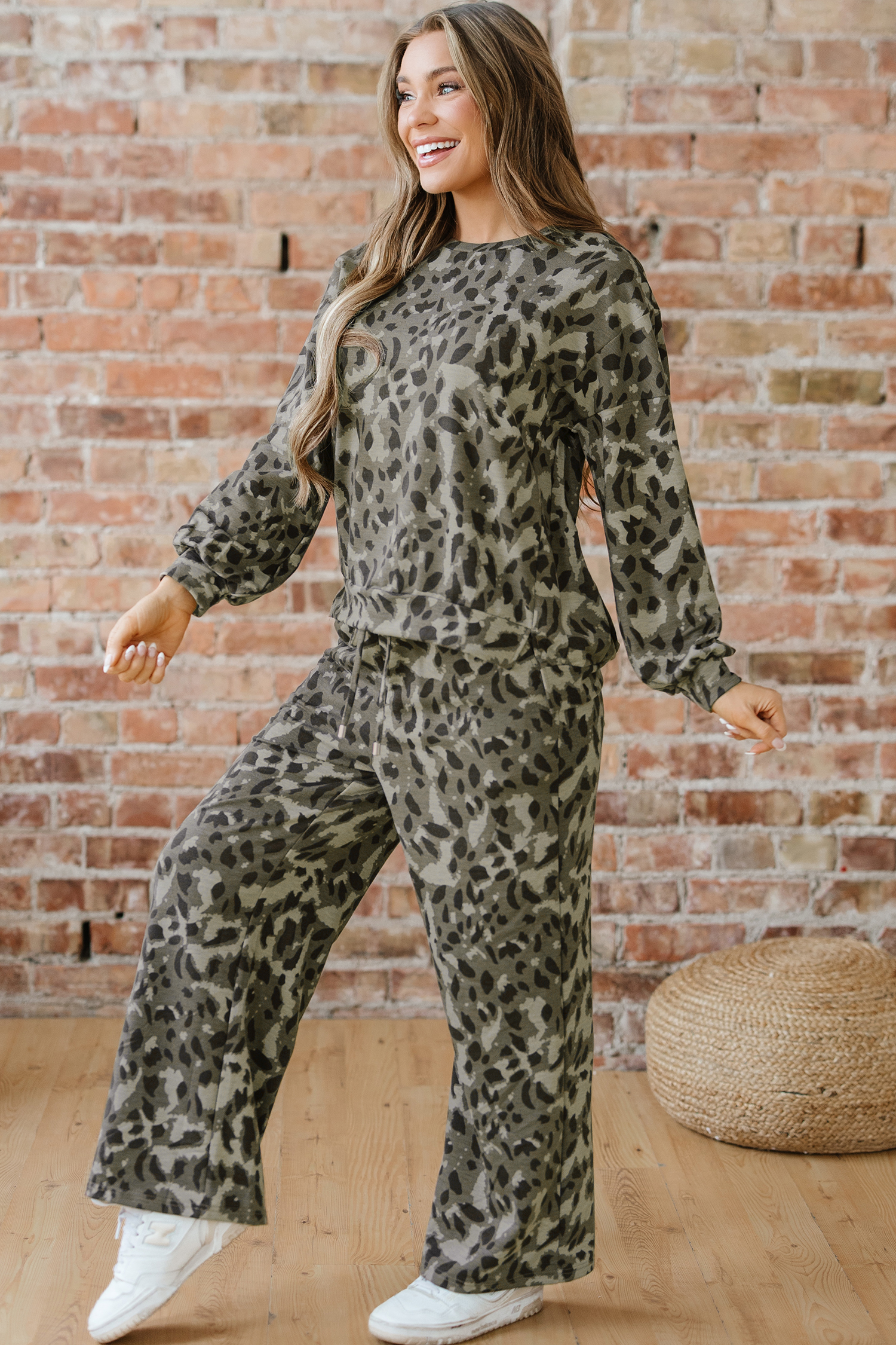 Brown Leopard Loose Tee Drawstring Waist Barrel Pants Set - loveforevers