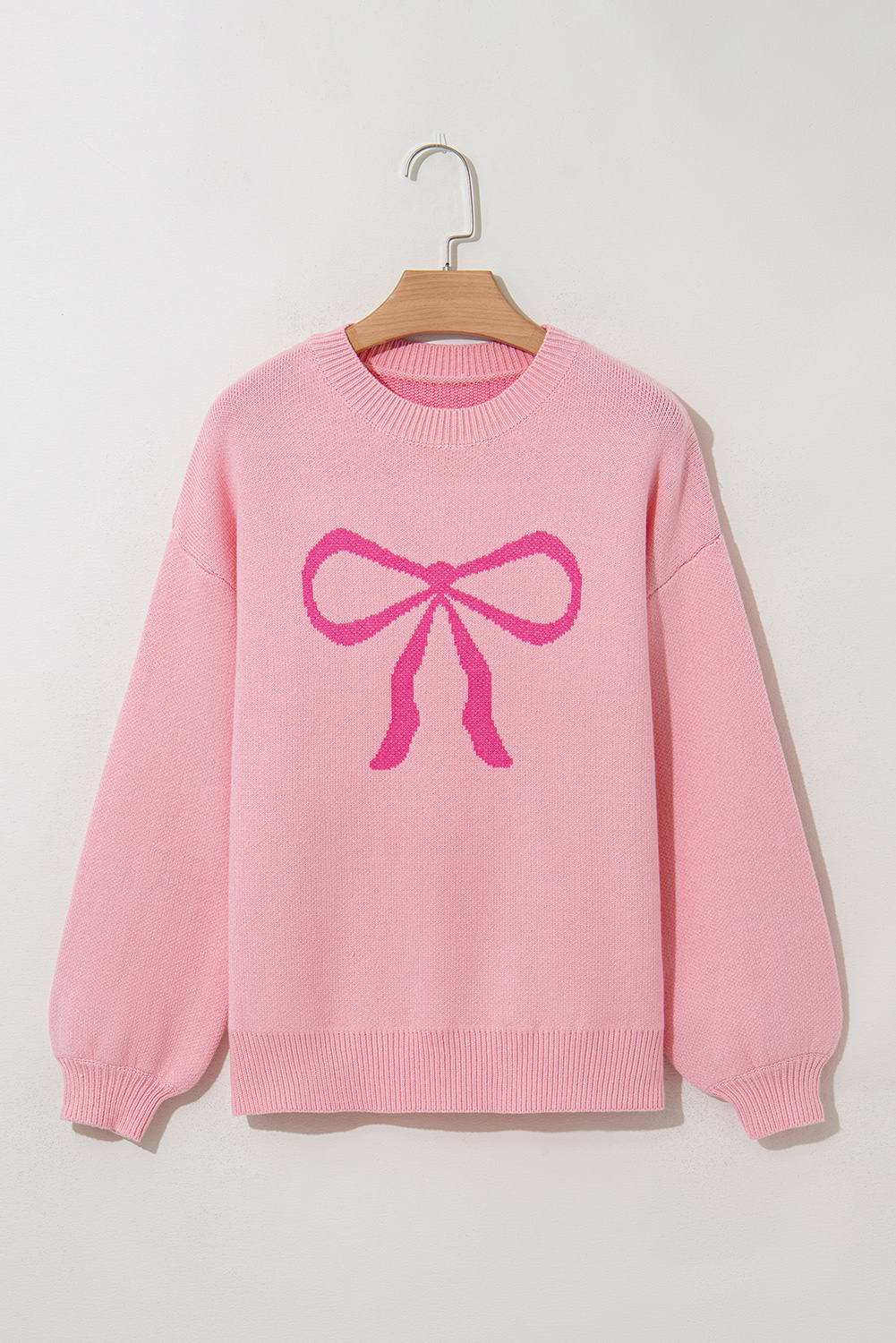 Pink Bow Graphic Drop Shoulder Round Neck Sweater - loveforevers