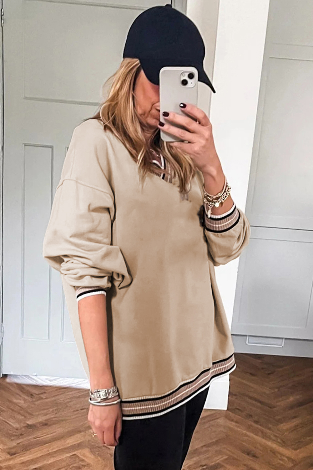 Gray Varsity Contrast Striped Trim V Neck Sweatshirt - loveforevers