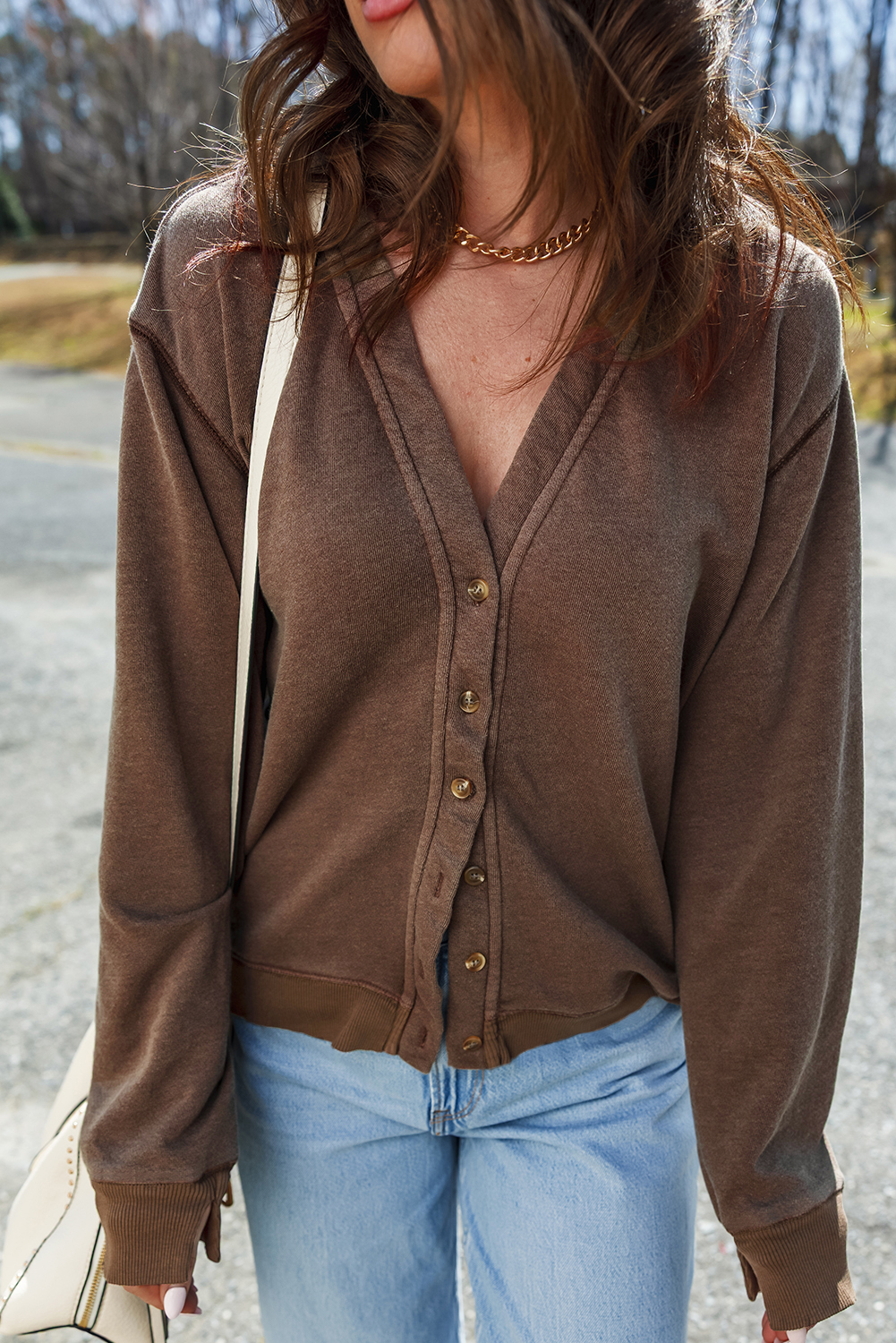 Coffee Button Front V Neck Casual Cardigan - loveforevers