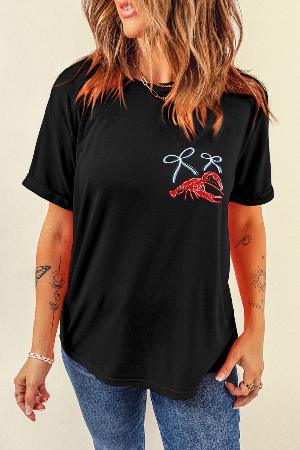 Black Girlie Bow Crawfish Printed T Shirt - loveforevers