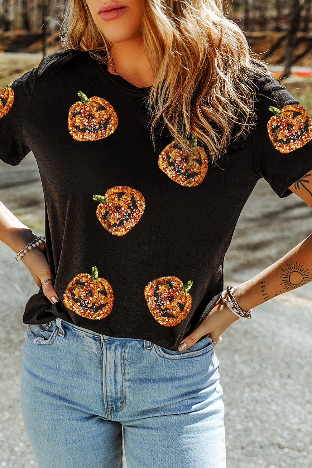Black Sequin Pumpkin Face Halloween T Shirt - loveforevers