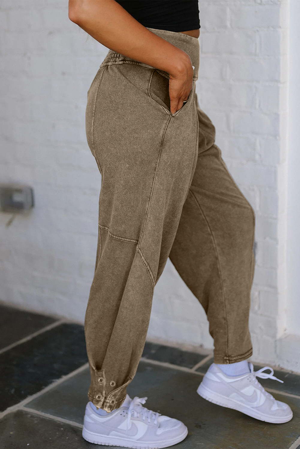 Medium Grey Mineral Wash Jogger Style High Waist Casual Pants - loveforevers