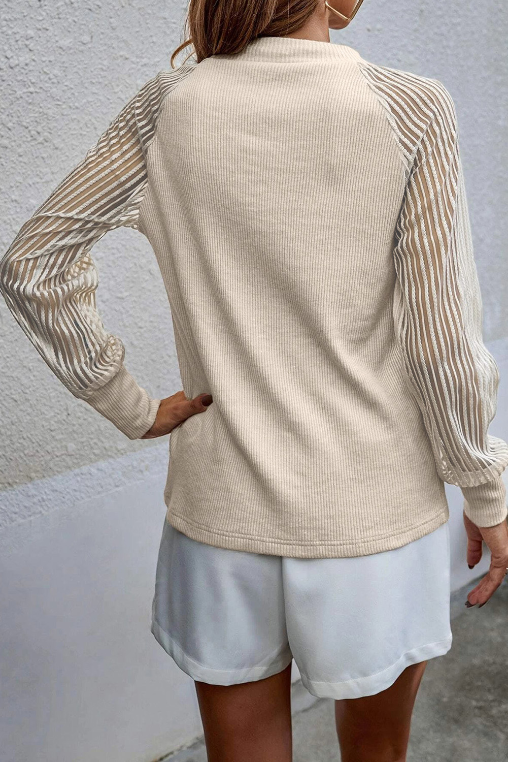 Gray Striped Mesh Long Sleeve Crewneck Ribbed Top - loveforevers