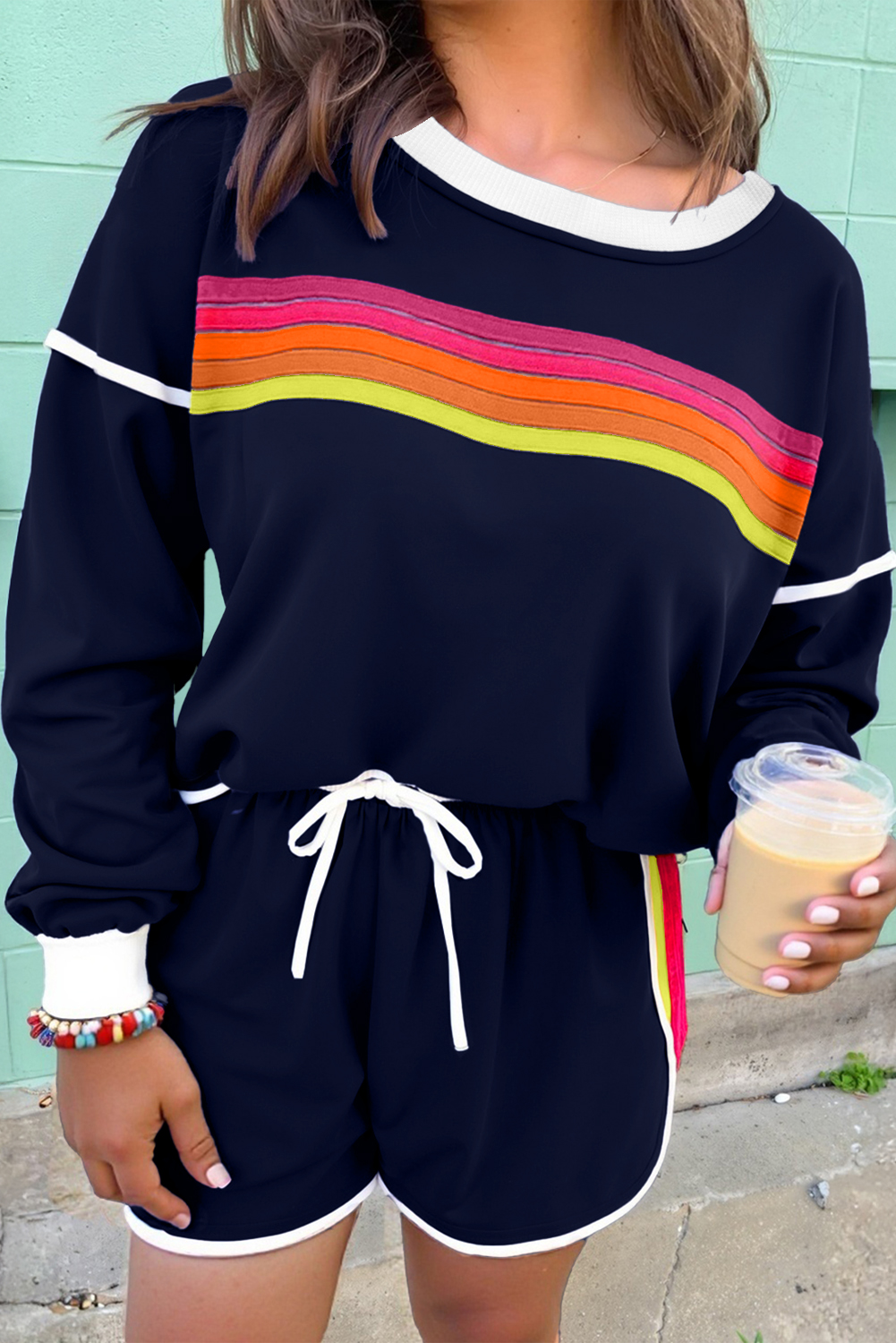 Bluing Colorful Striped Accent Varsity Long Sleeve Pullover and Shorts Matching Set - loveforevers