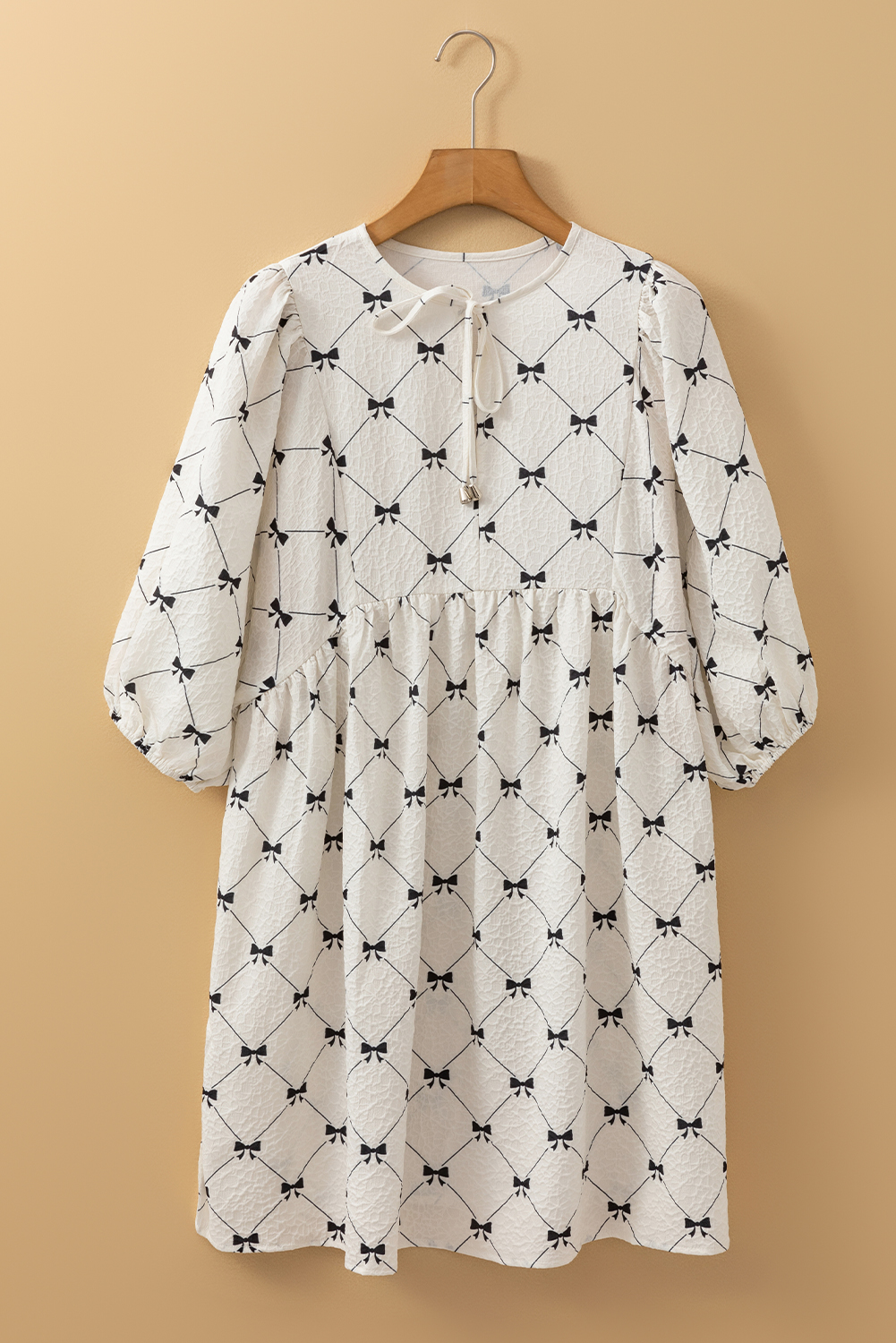 White Bowtie Pattern Textured Puff Half Sleeve Loose Mini Dress - loveforevers