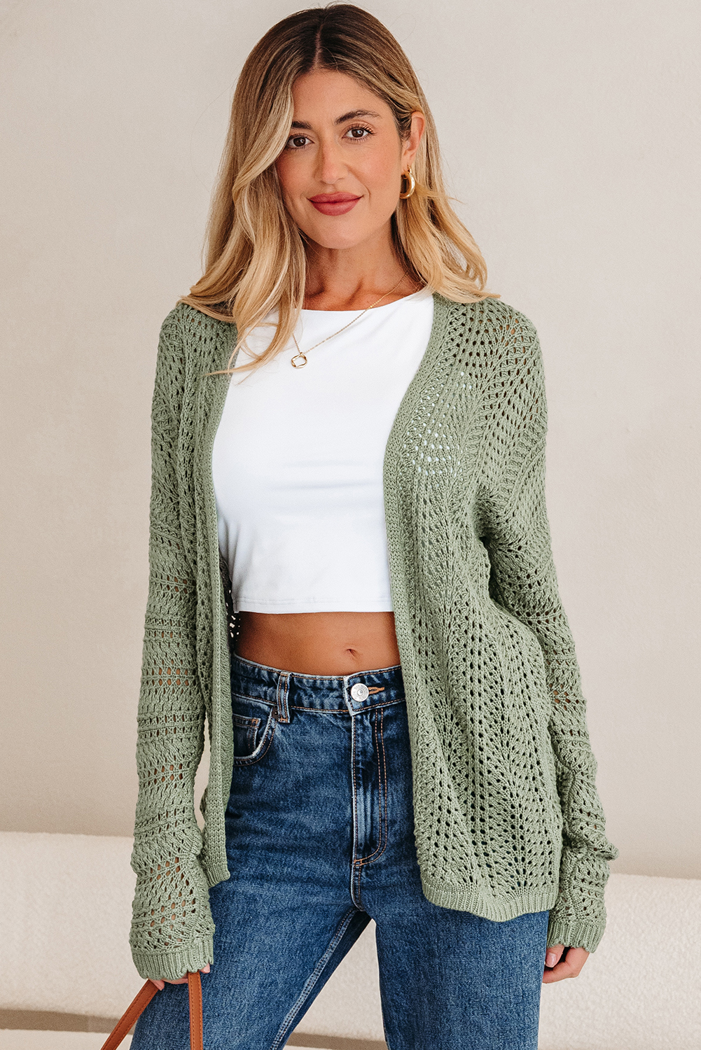 Green Bay Scalloped Edge Eyelet Knit Batwing Sleeve Cardigan - loveforevers