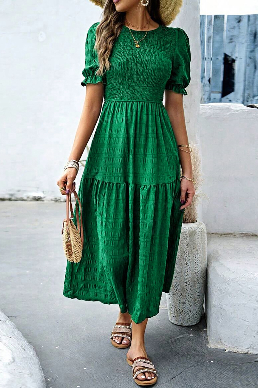 Dark Green Textured Ruffled Sleeve Round Neck Top - loveforevers