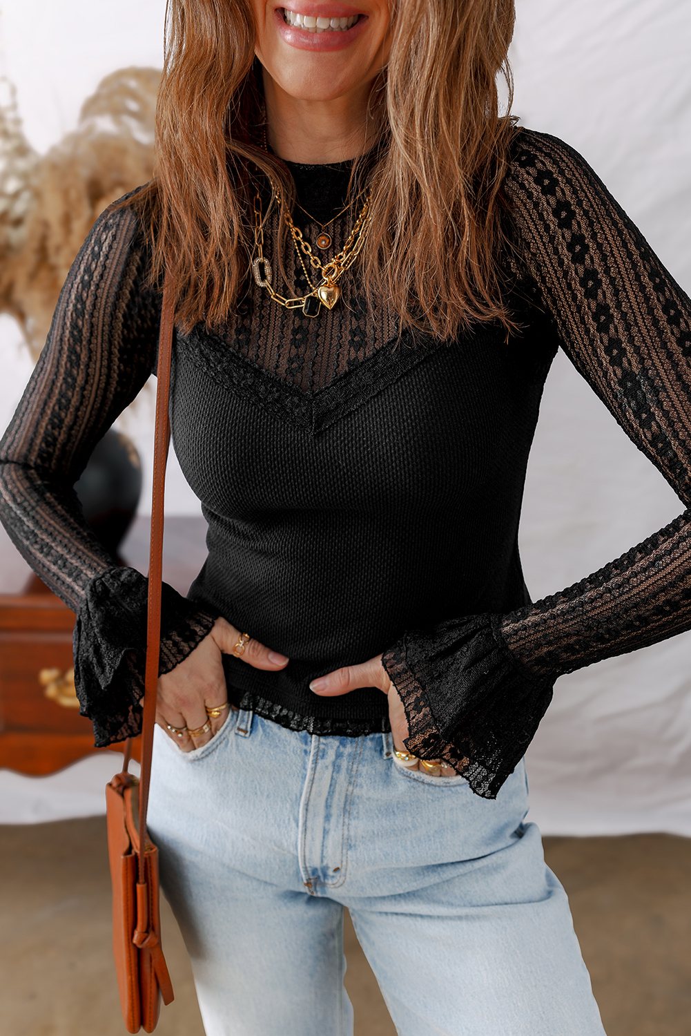 Black Lace Patchwork Flounce Sleeve Slim Fit Top - loveforevers