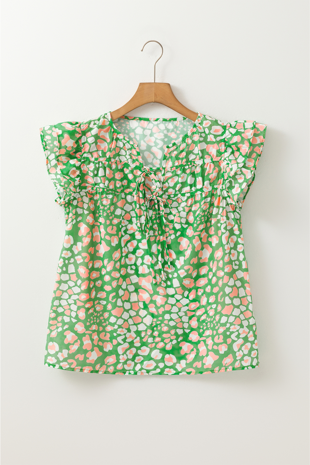 Green Abstract Leopard Tied Front Flutter Sleeve Blouse - loveforevers