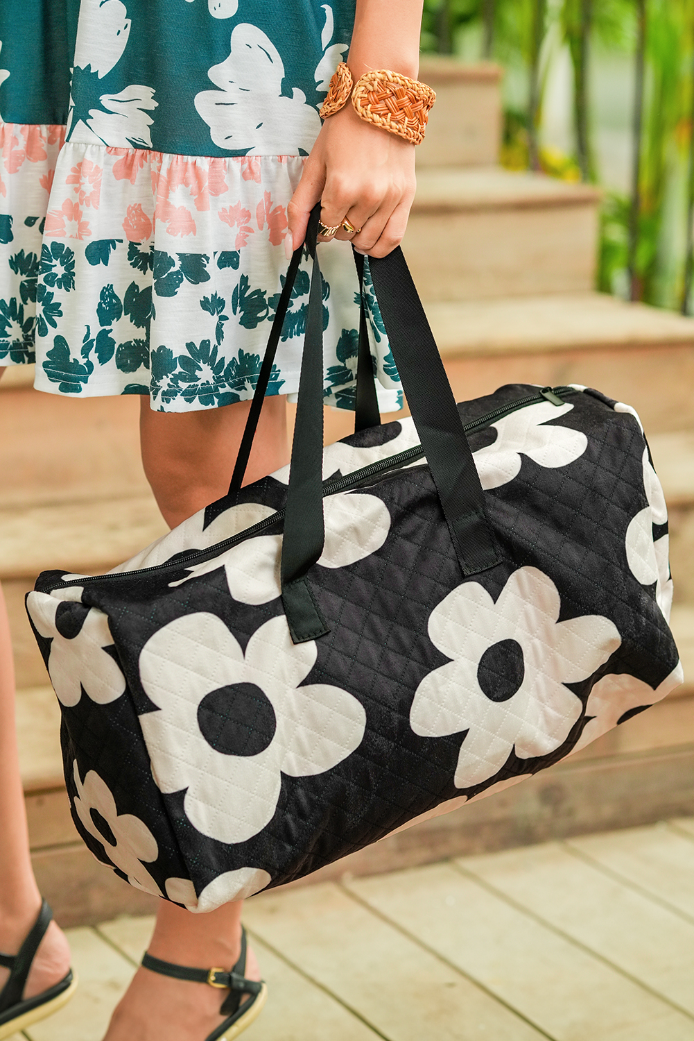 Black Flower Print Quilted Large Duffel Bag - loveforevers