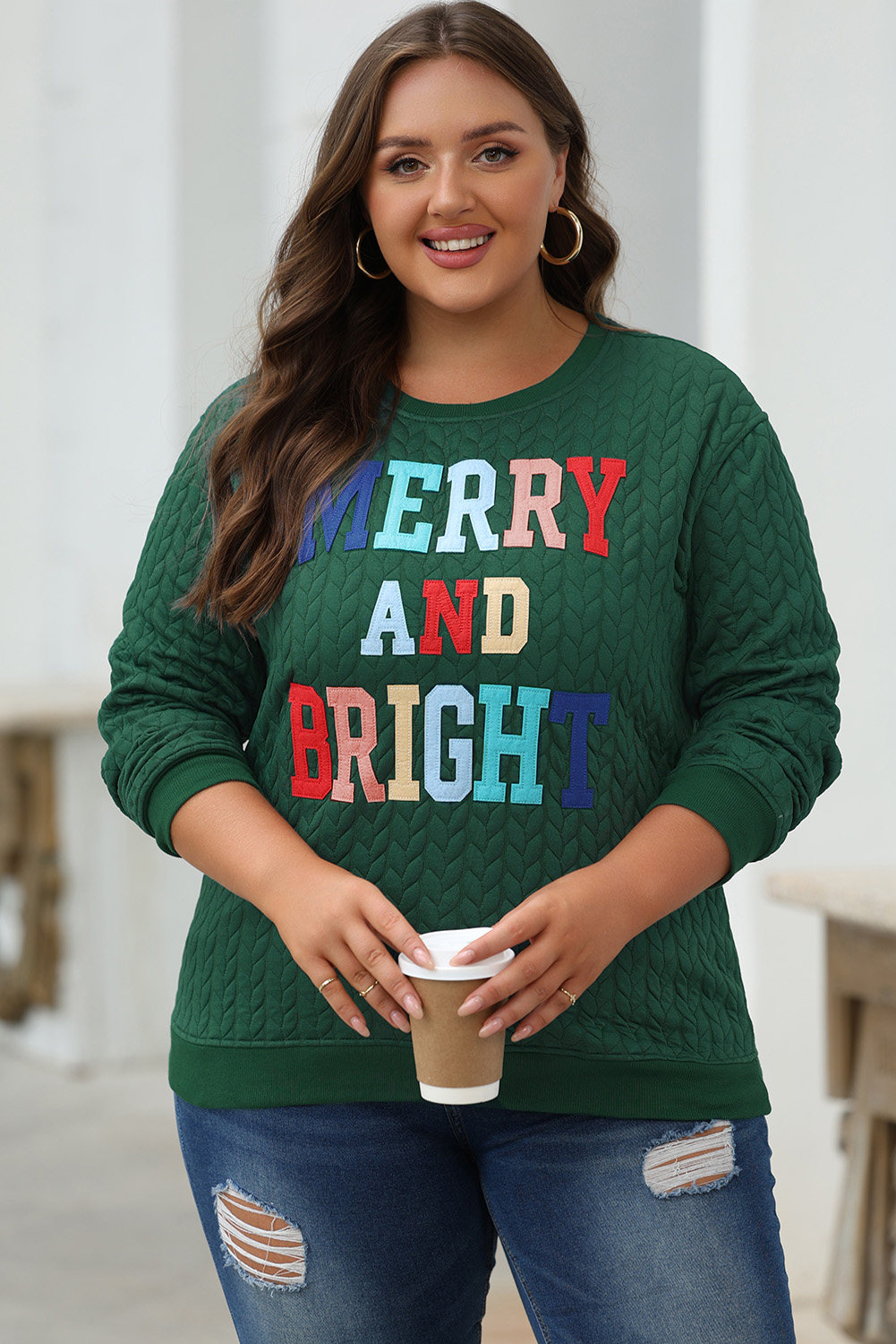 White LOVE Chenille Embroidered Cable Knit Pullover Sweatshirt - loveforevers