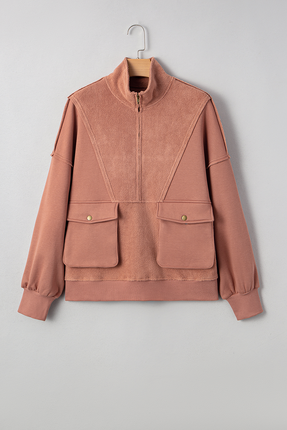 Camel Exposed Seam Side Pockets Half Zipper Baggy Sweatshirt - loveforevers