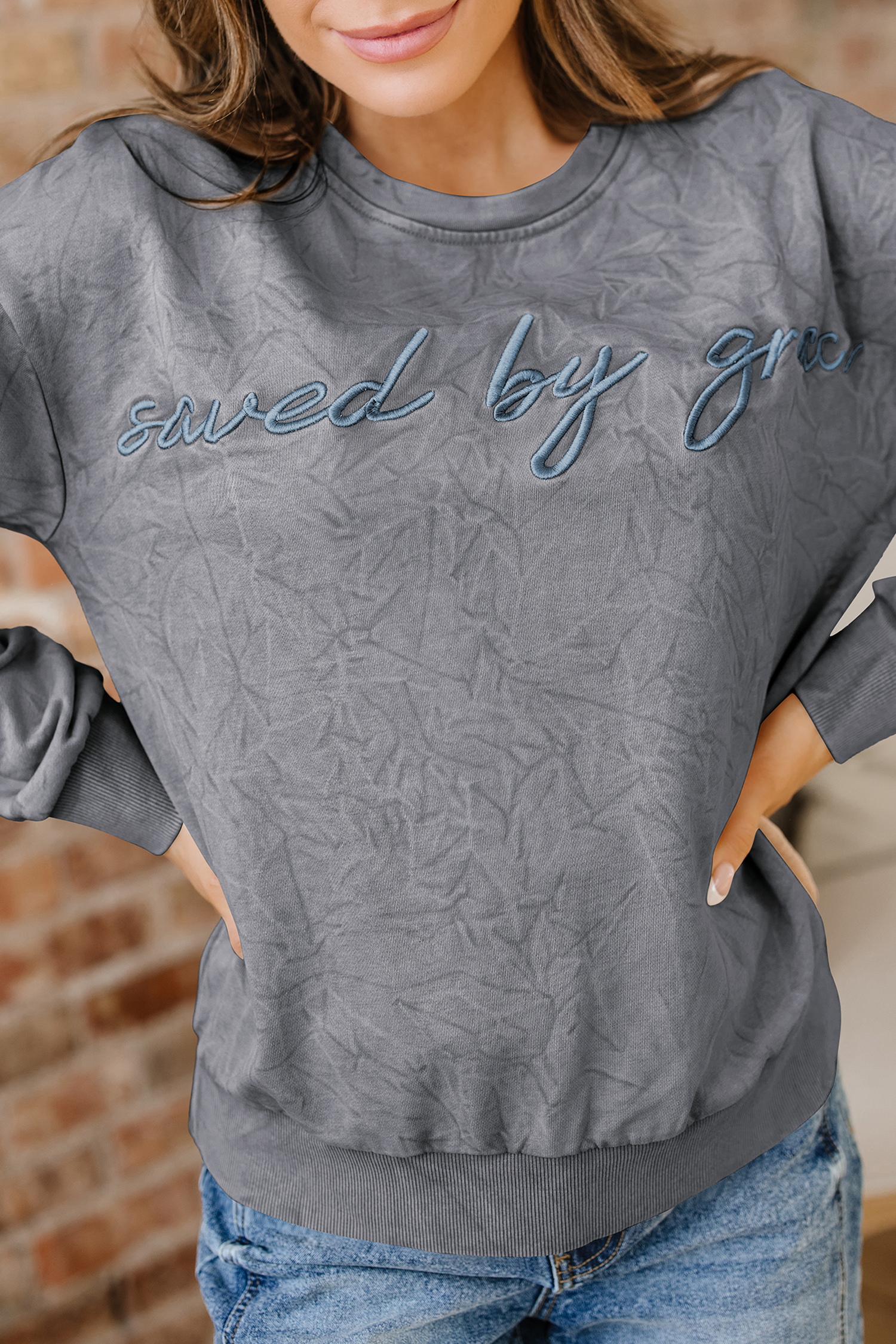 DUNE saved by grace Letter Embroidery Mineral Wash Loose Sweatshirt - loveforevers