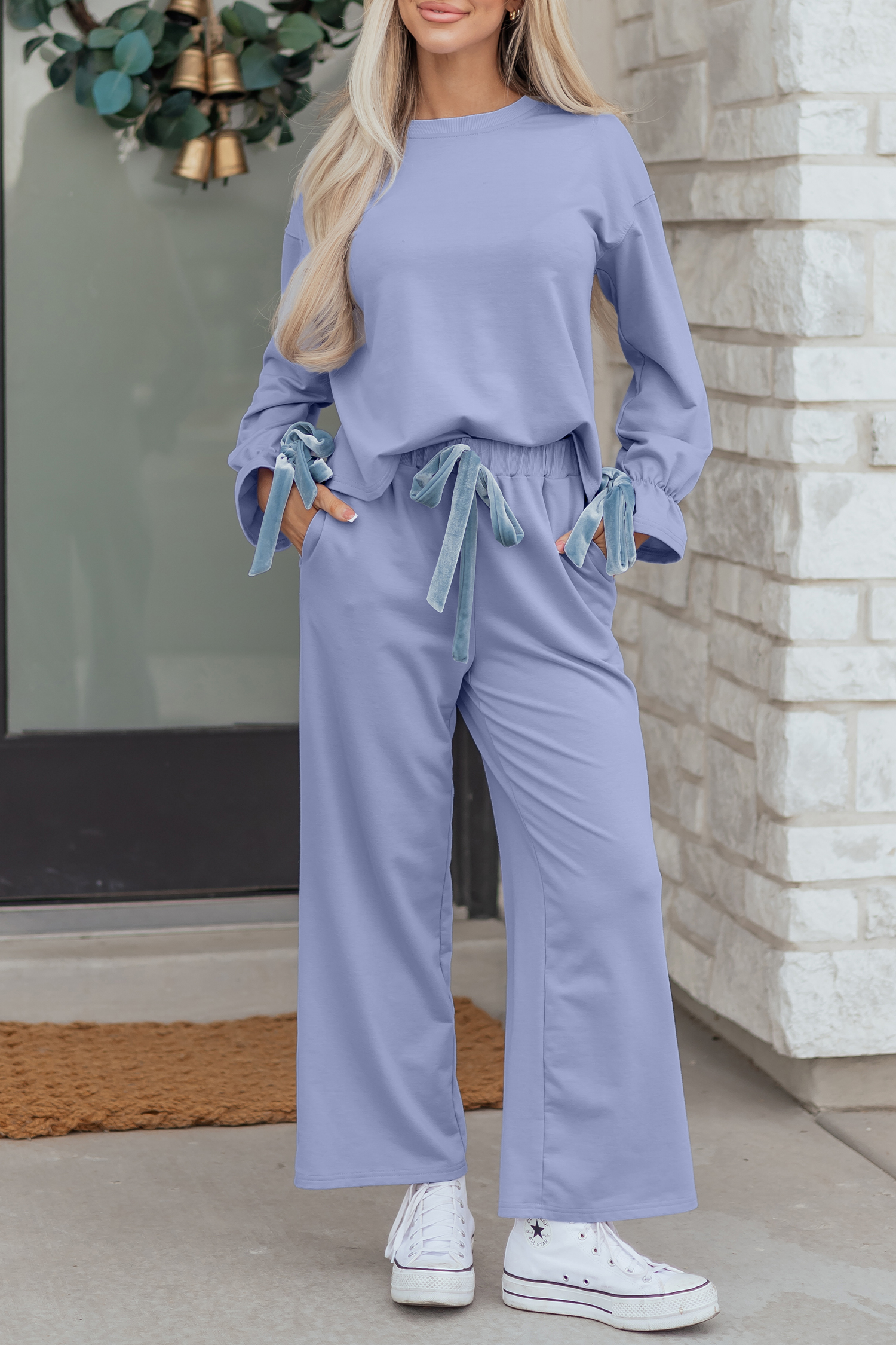 Beau Blue Flounce Long Sleeve Top Drawstring Pants Contrast Velvet Bow Knot 2pcs Lounge Set - loveforevers