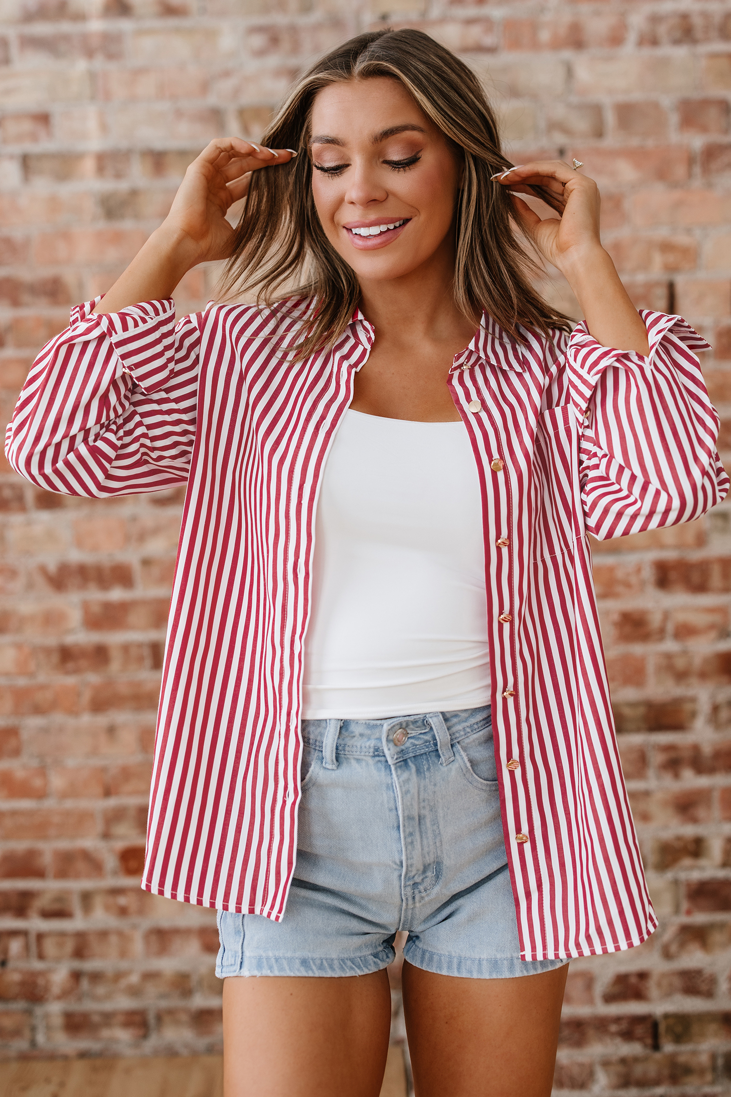 Red Stripe Patched Pocket Side Slit Loose Shirt - loveforevers