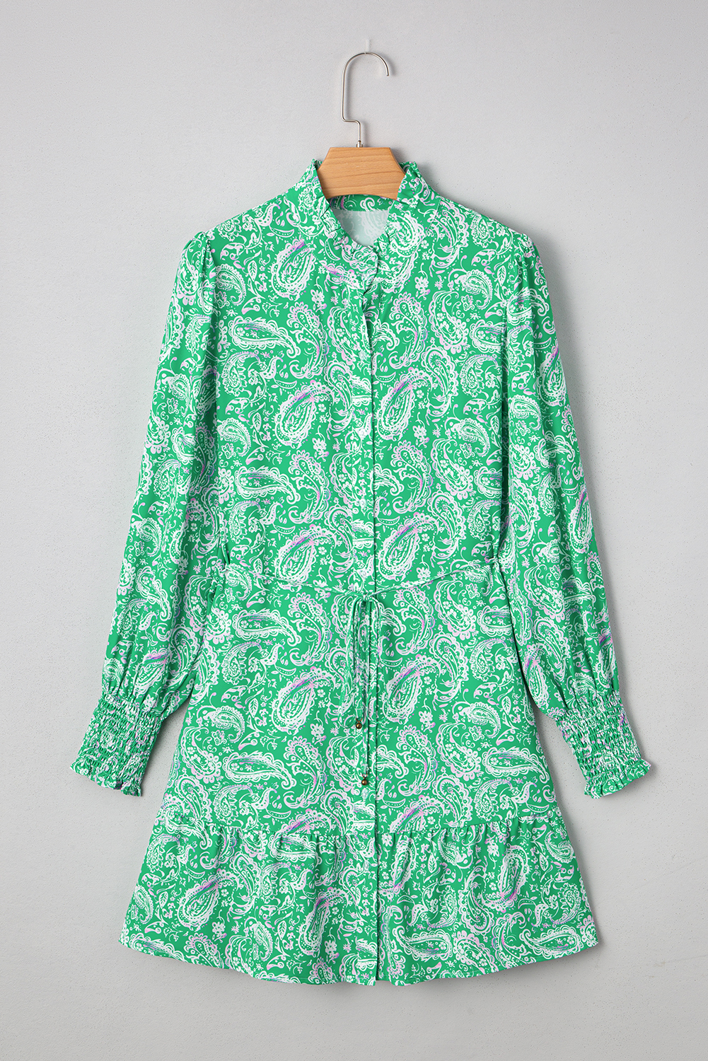 Green Paisley Print Long Sleeve Button Front Tied Waist Mini Dress - loveforevers