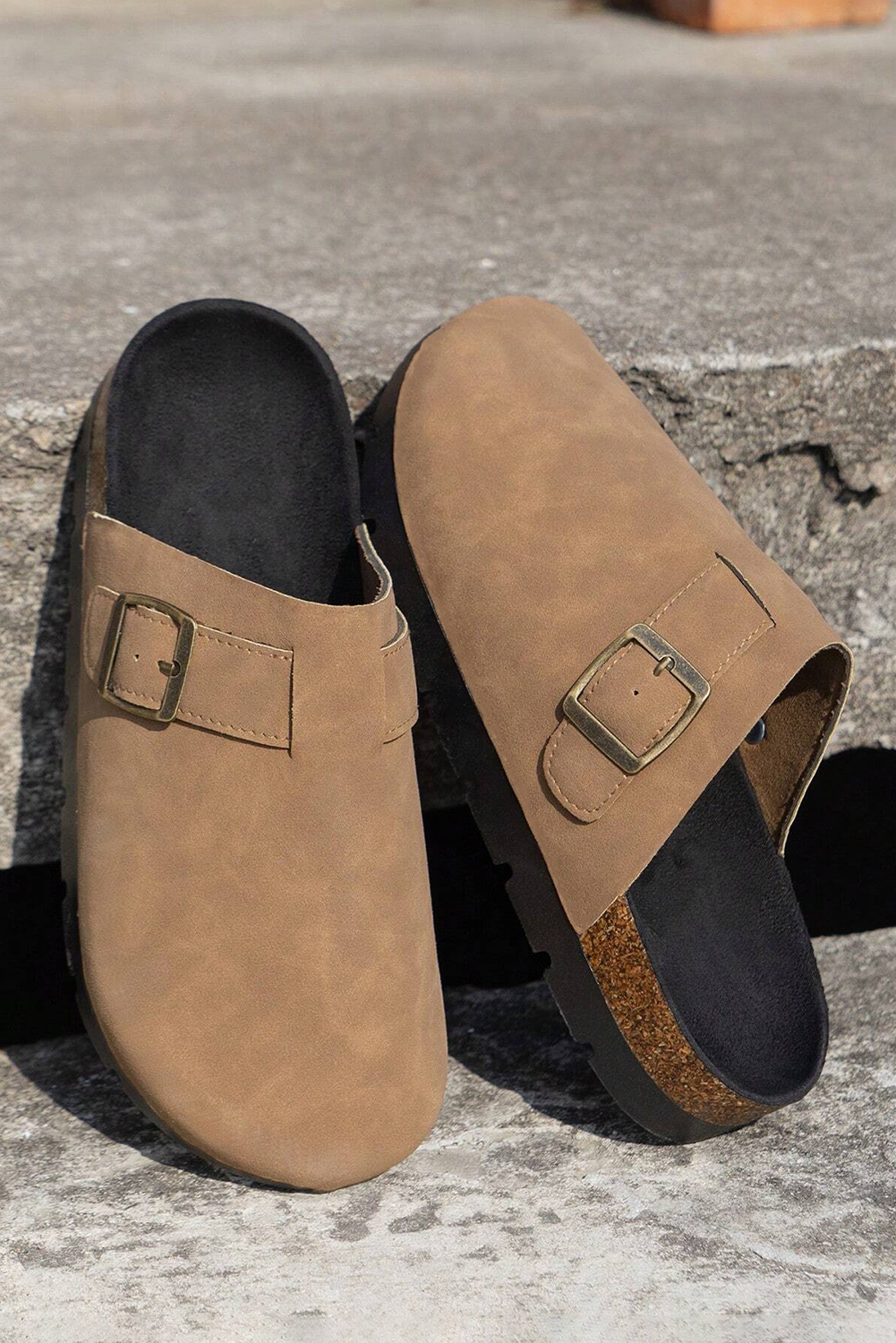 Light French Beige Suede Buckle Detail Slippers - loveforevers