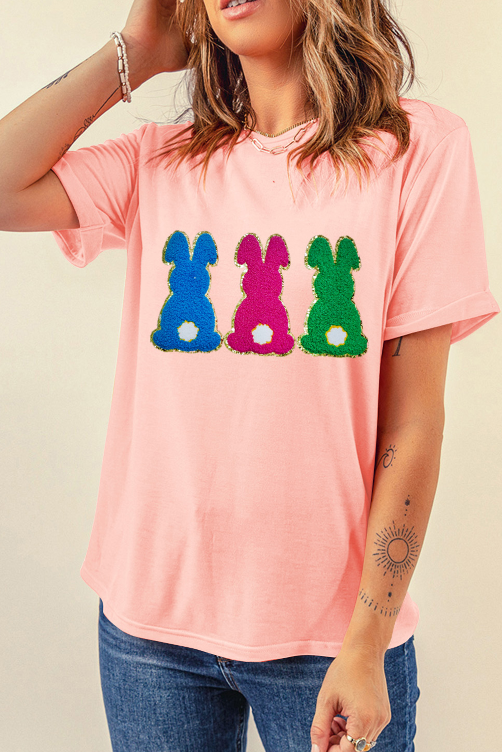 Pink Easter Bunny Chenille Patched Graphic Tee - loveforevers