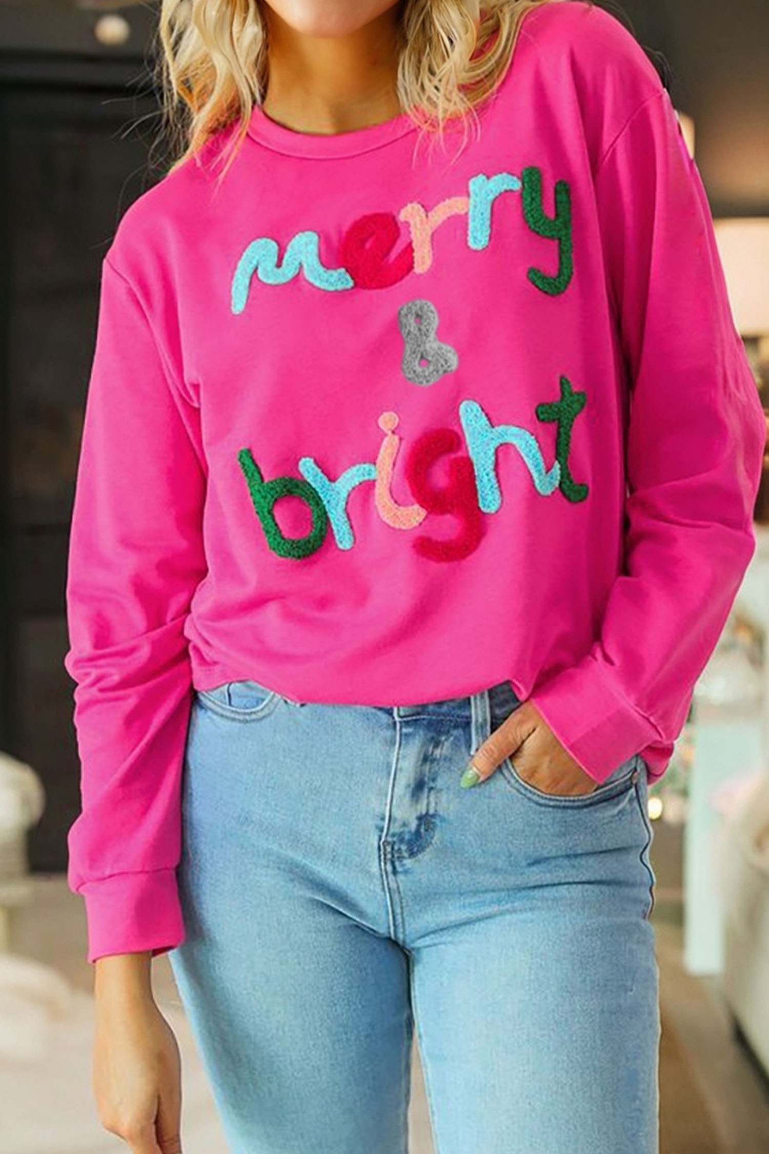 Rose Red Merry & Bright Christmas Letter Graphic Sweatshirt - loveforevers