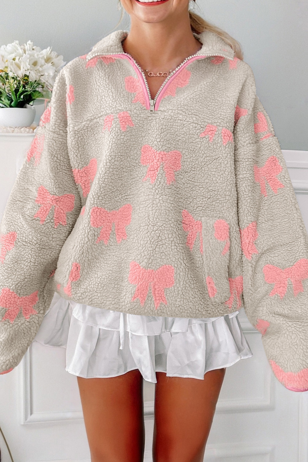 Gray Bow Sherpa Quarter Zip Drop Shoulder Baggy Sweatshirt - loveforevers
