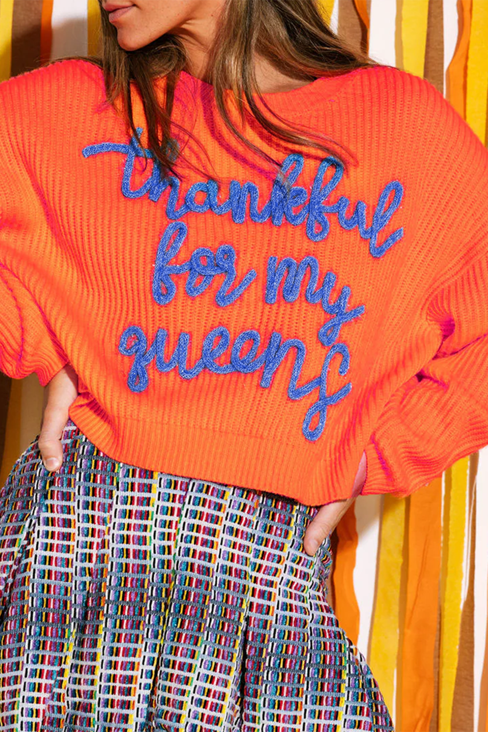 Vitality Orange Thankful for my queens Ribbed Knit Drop Shoulder Graphic Sweater - loveforevers