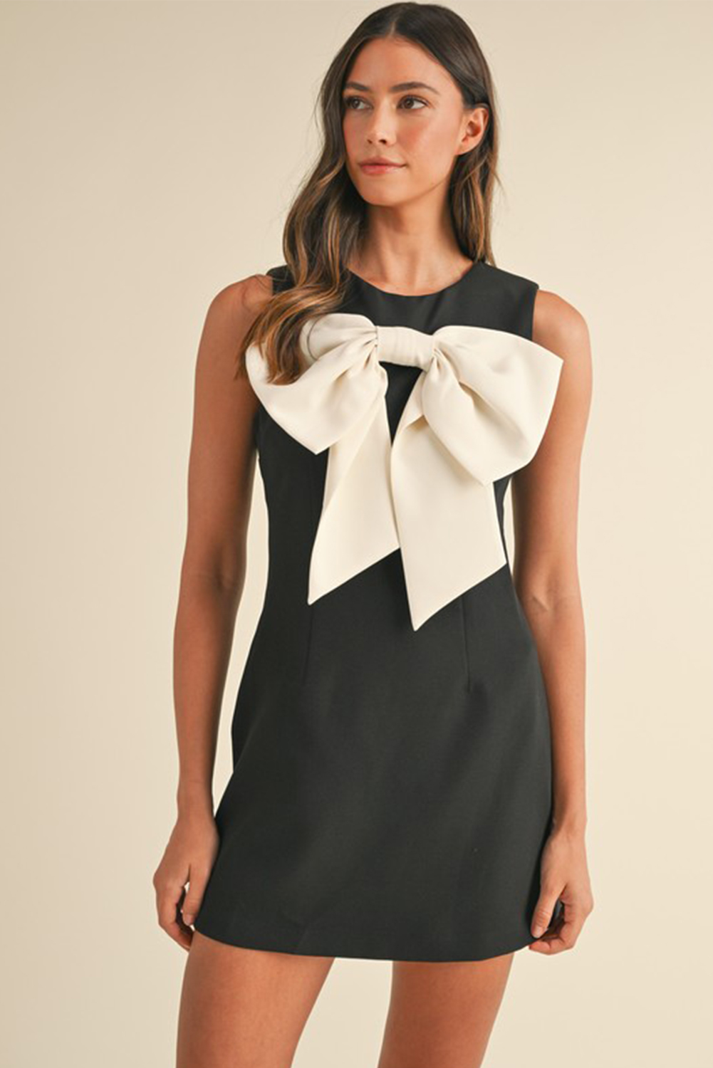 Black Contrast Bowknot Applique Crew Neck Sleeveless Mini Dress - loveforevers