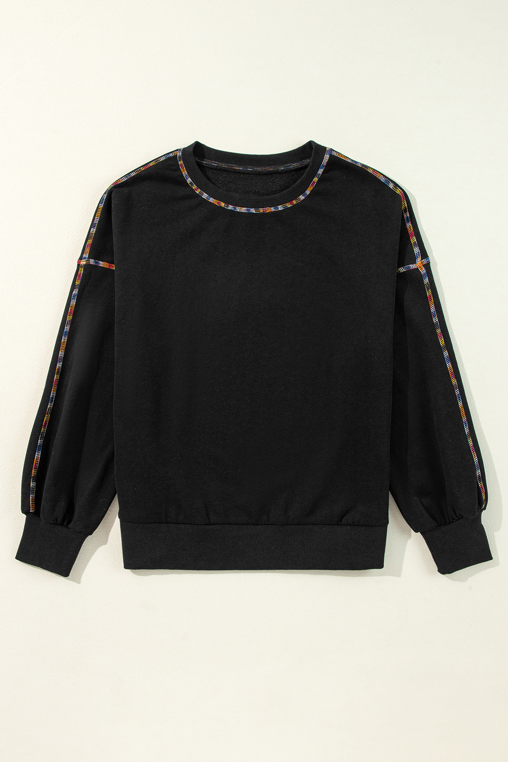 Black Contrast Rainbow Trim Drop Shoulder Pullover Sweatshirt - loveforevers