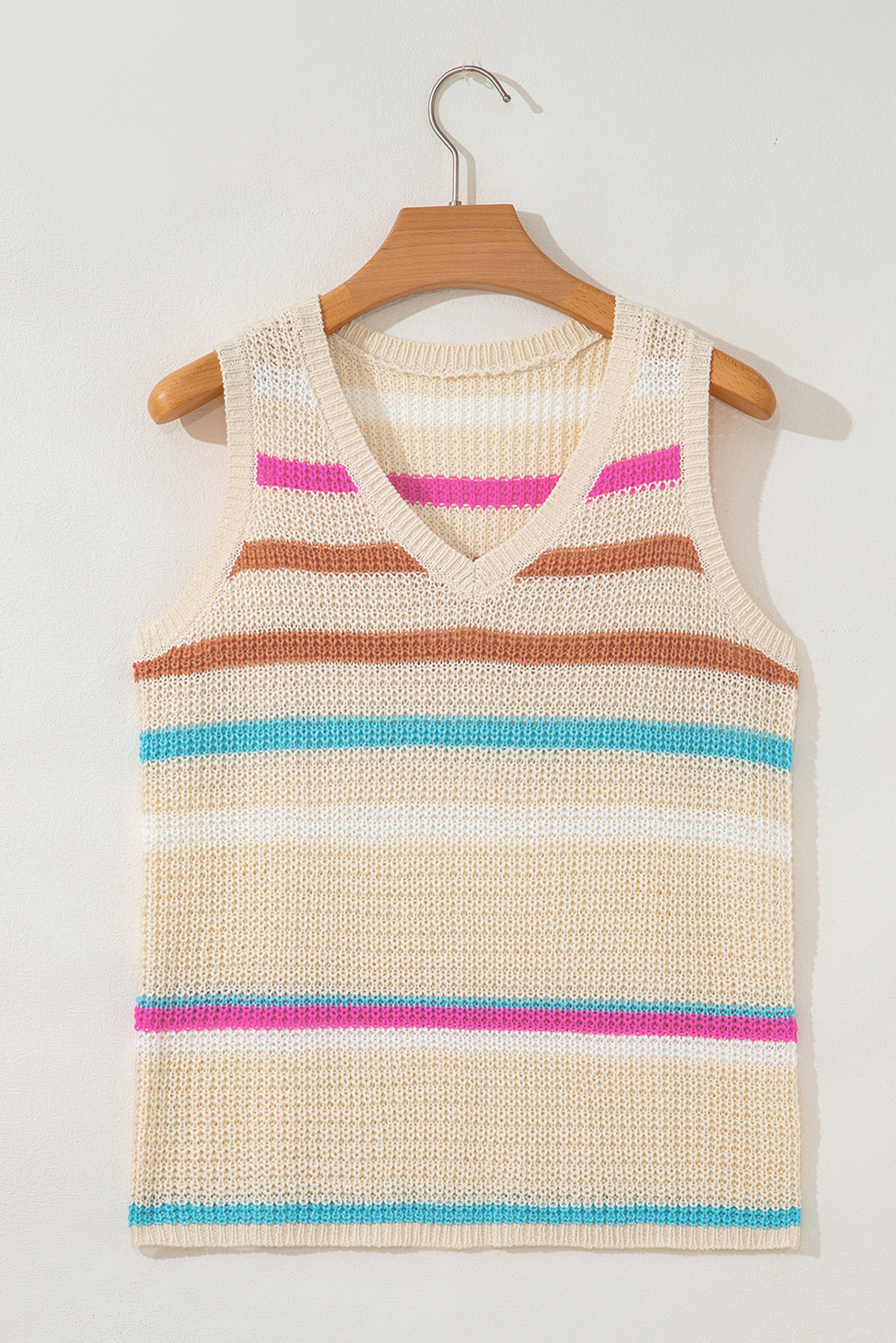 Khaki Stripe Textured Knit V Neck Sweater Vest - loveforevers
