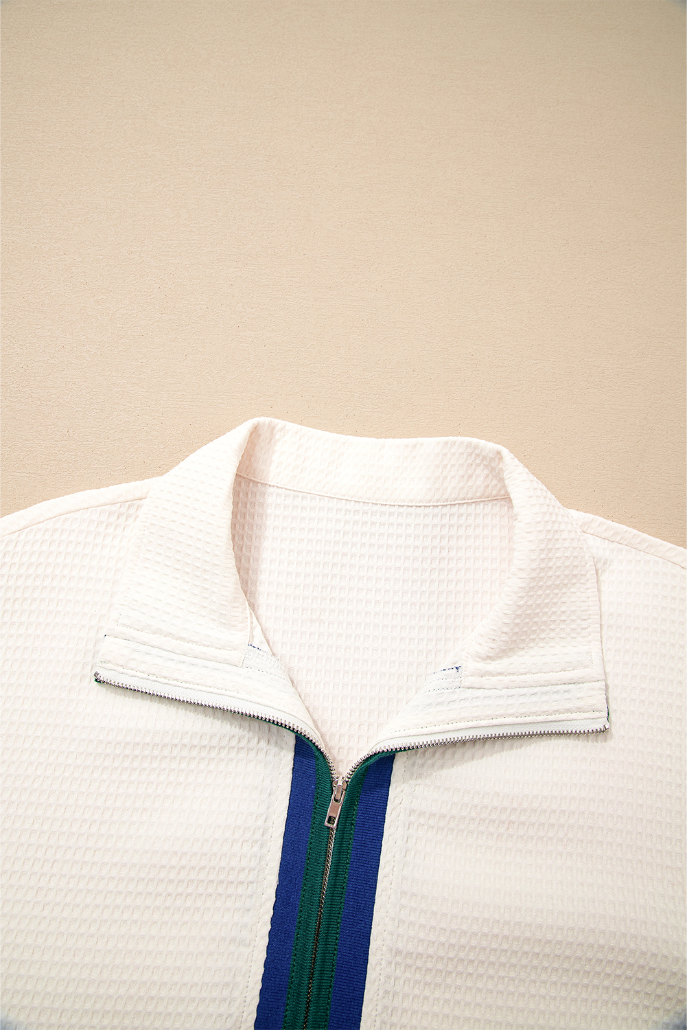 White Waffle Textured Contrast Polo Neck Zip up Jumper - loveforevers