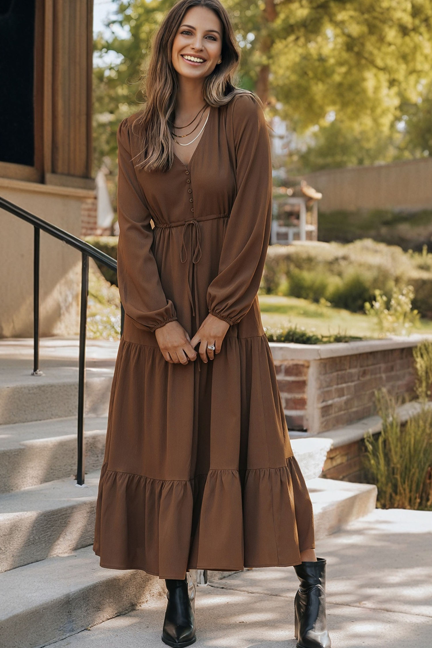 Blackish Green Solid Long Sleeve Button V Neck Tiered Maxi Dress - loveforevers