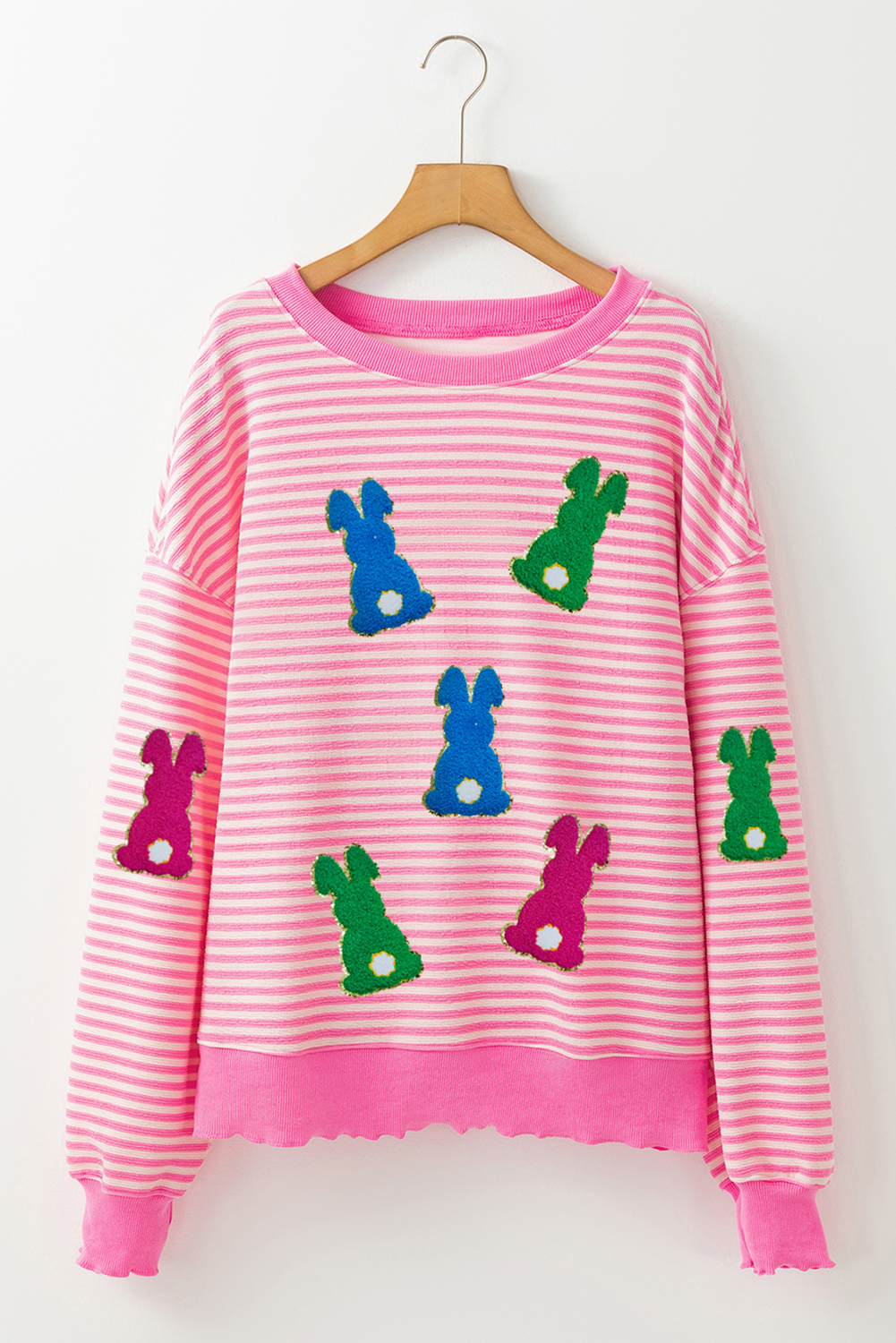 Pink Stripe Chenille Easter Rabbit Patched Pattern Drop Shoulder Top - loveforevers