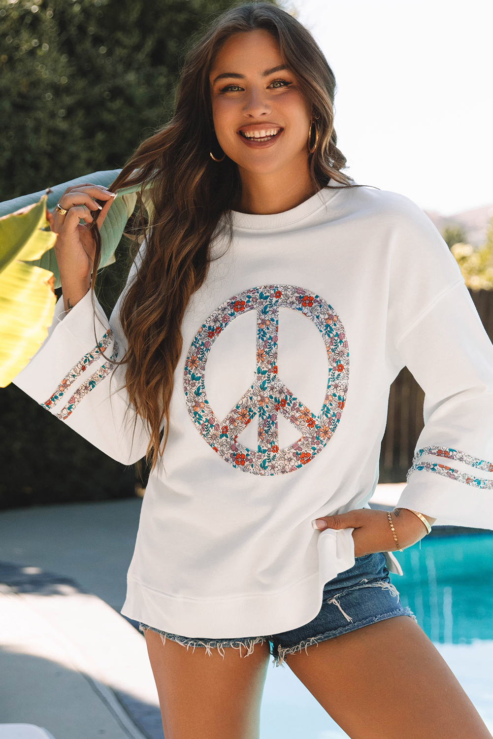 Beige Flower Patch Graphic Exposed Seam Wide Sleeve Top - loveforevers