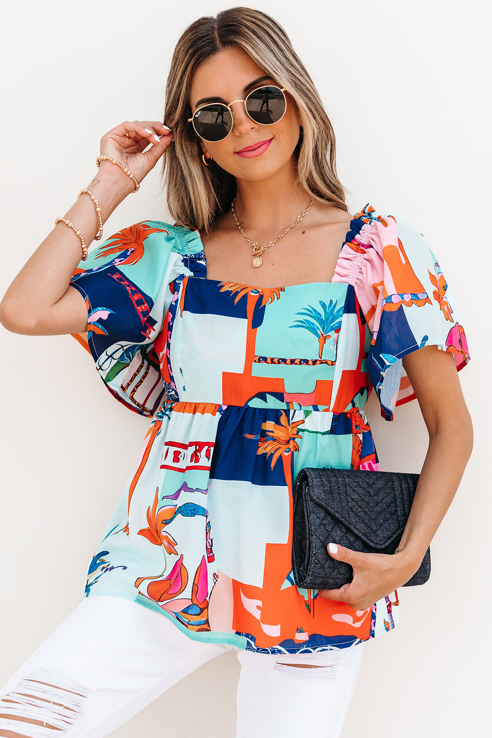 Sky Blue Tropical Printed Square Neck Flutter Sleeve Babydoll Blouse - loveforevers