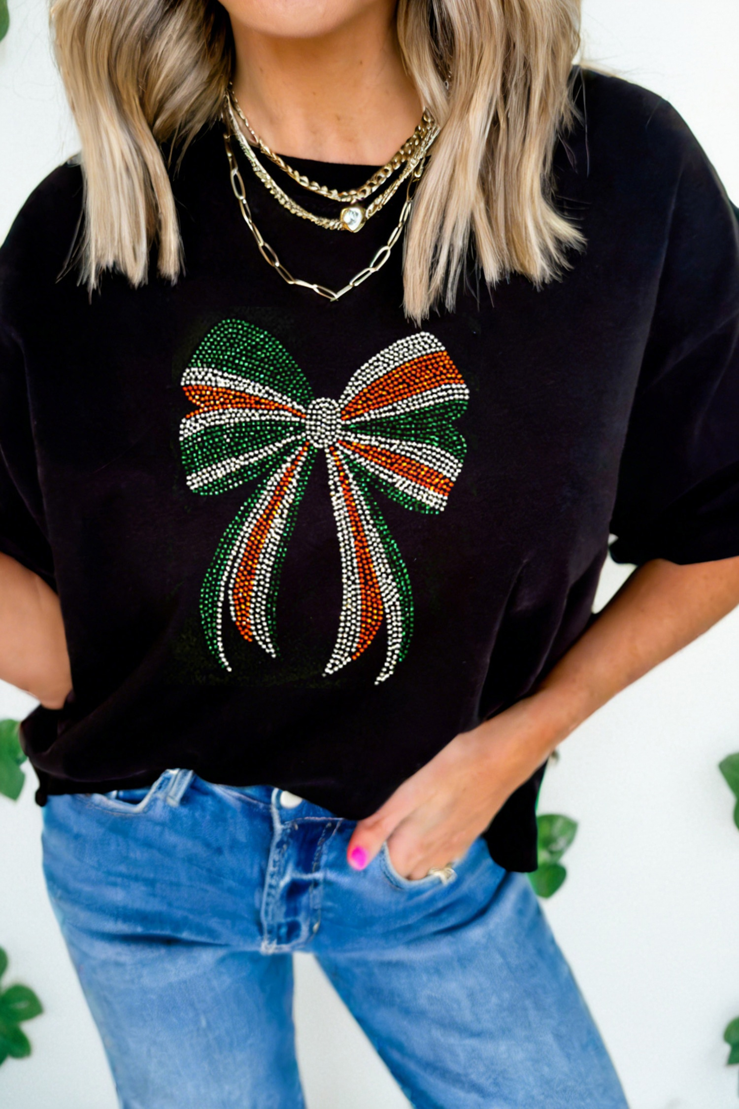 Black St Patricks Day Rhinestone Bow Casual Tee - loveforevers