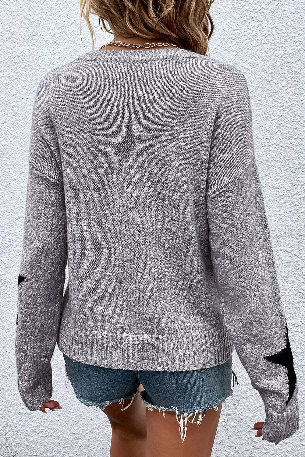 Khaki Star Pattern Drop Shoulder Sweater - loveforevers