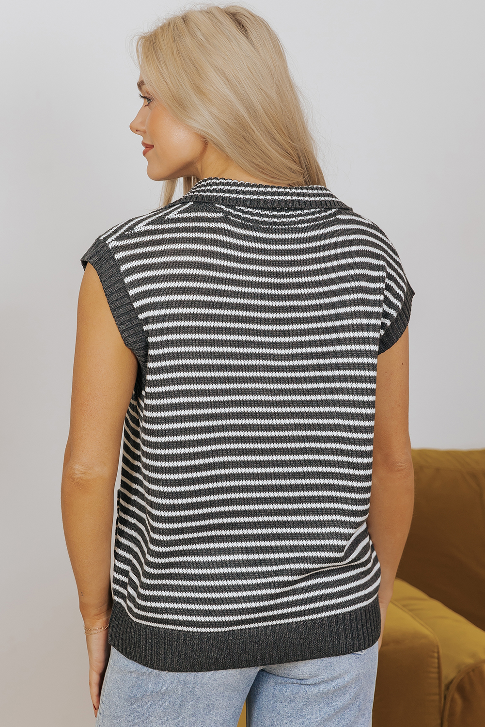 Gray Stripe Collared V Neck Sweater Vest with Pockets - loveforevers