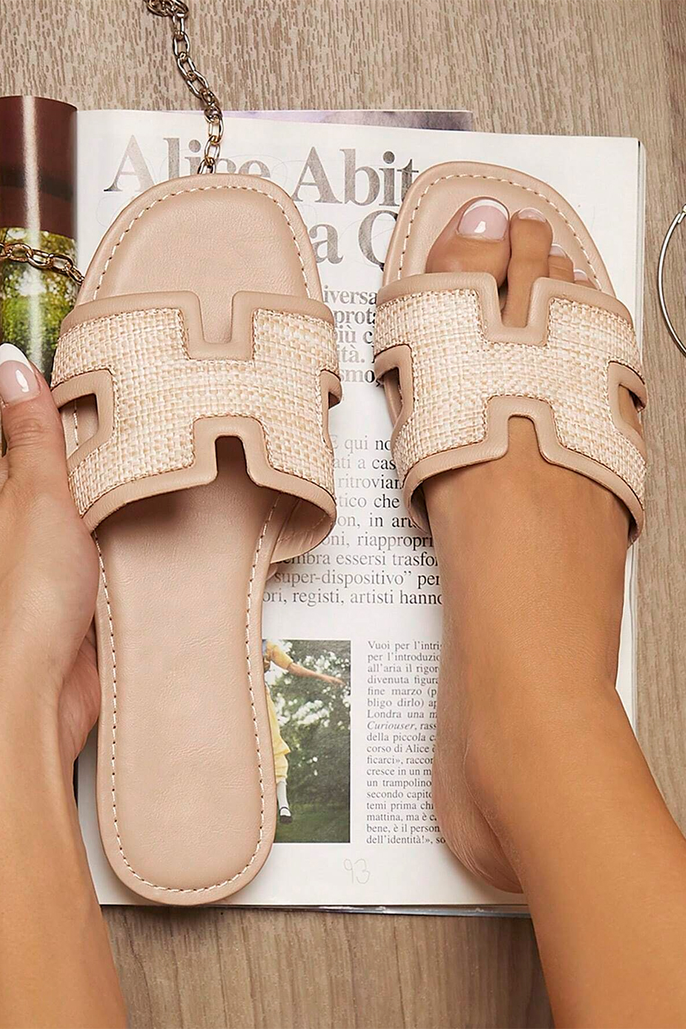 White Faux Raffia Detail Hollowed Open Toe Slippers - loveforevers