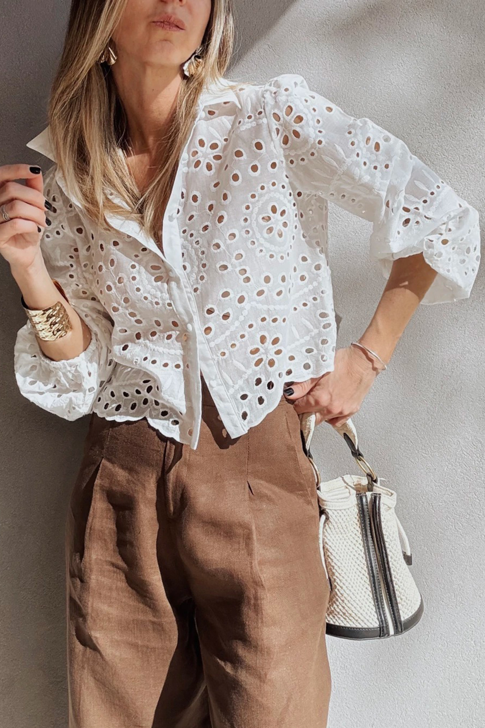 White Eyelet Embroidered Puff Sleeve Crop Shirt - loveforevers