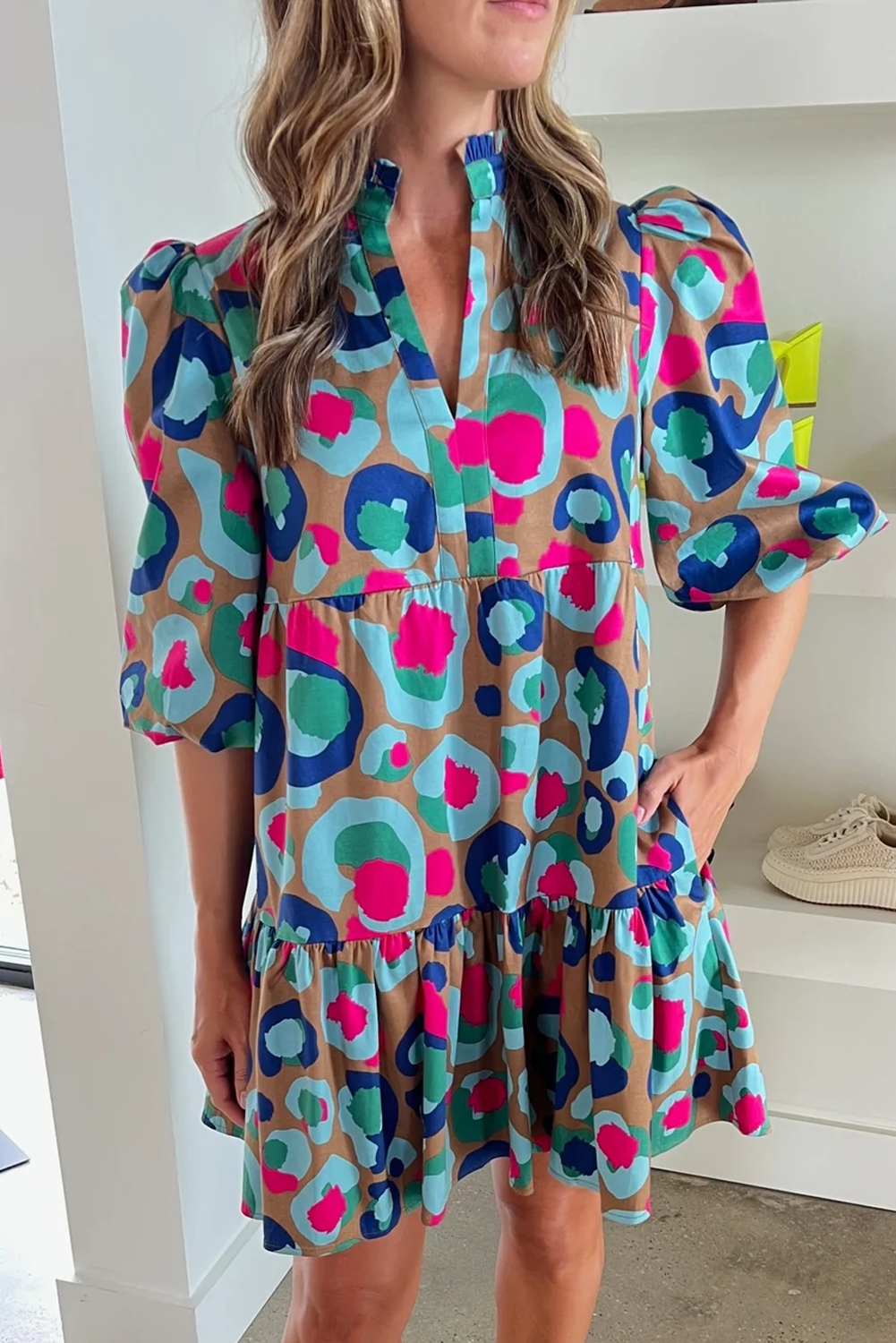 Green Leopard Print Bubble Sleeve Slit Neck Ruffled Dress - loveforevers
