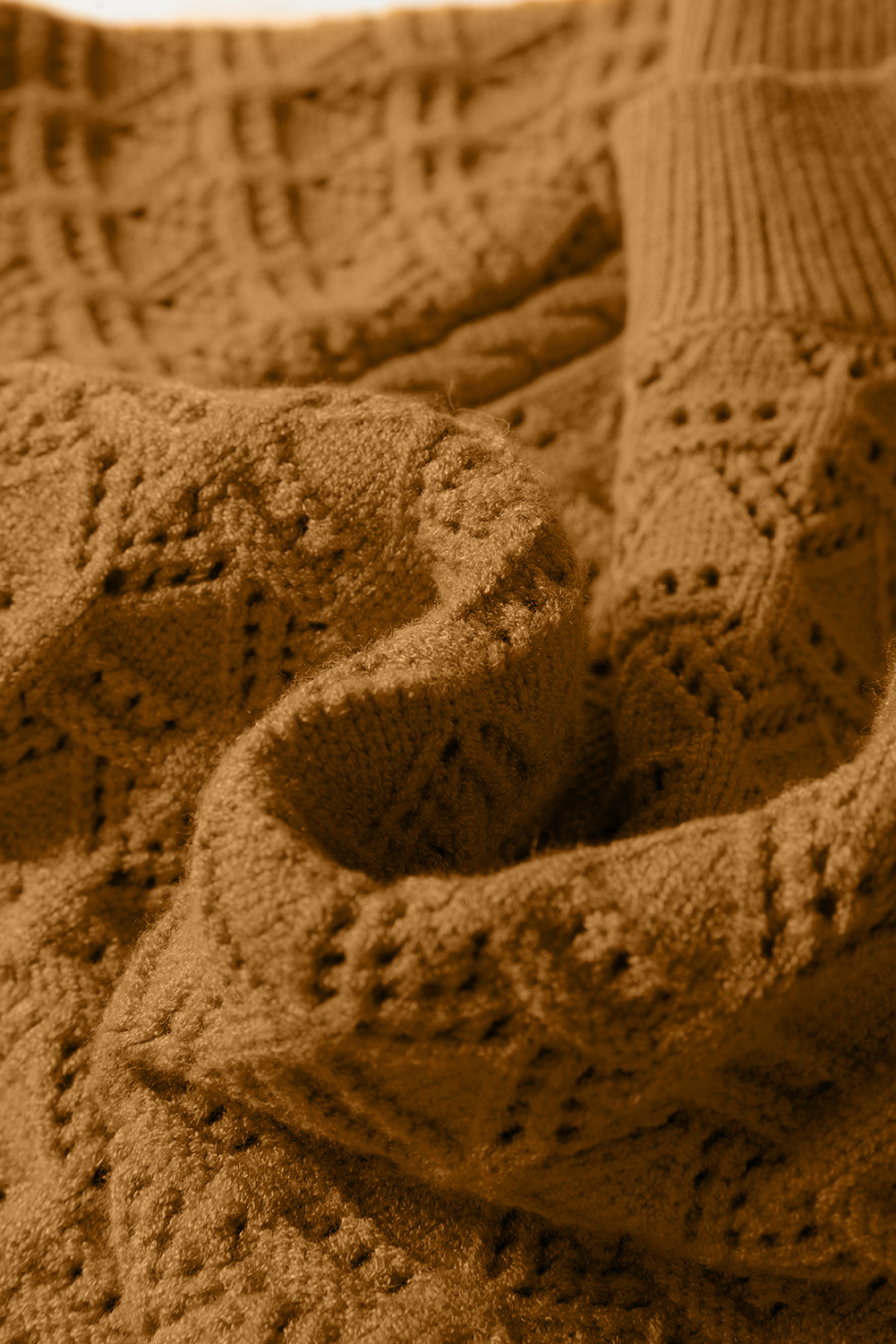 Jurassic Gold Hollow Out Crochet Ribbed Edge Balloon Sleeve Sweater - loveforevers