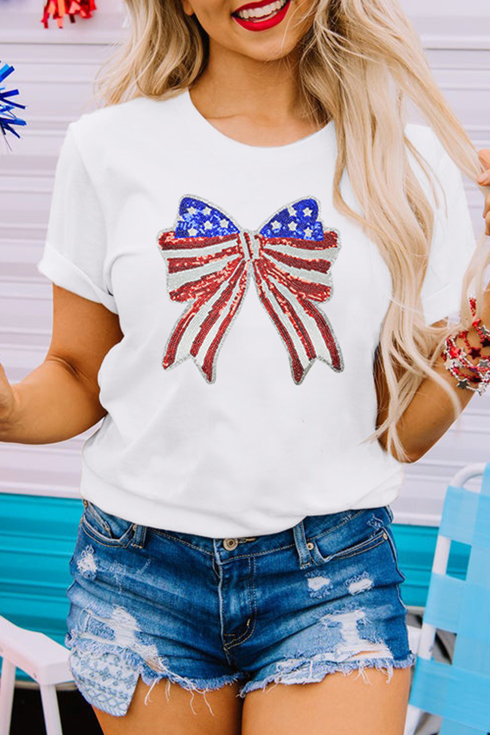 White USA Flag Bow Knot Patched Crew Neck T Shirt - loveforevers