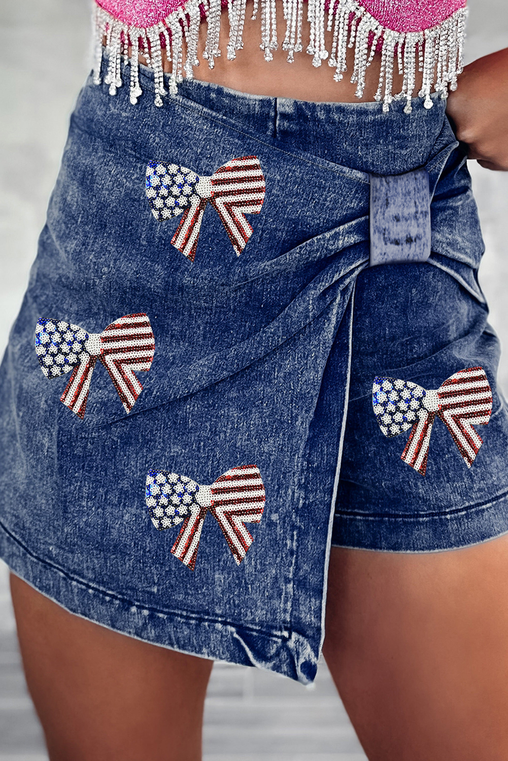 Sail Blue High Waist USA Flag Inspire Bow Patched Twisted Denim Skort - loveforevers