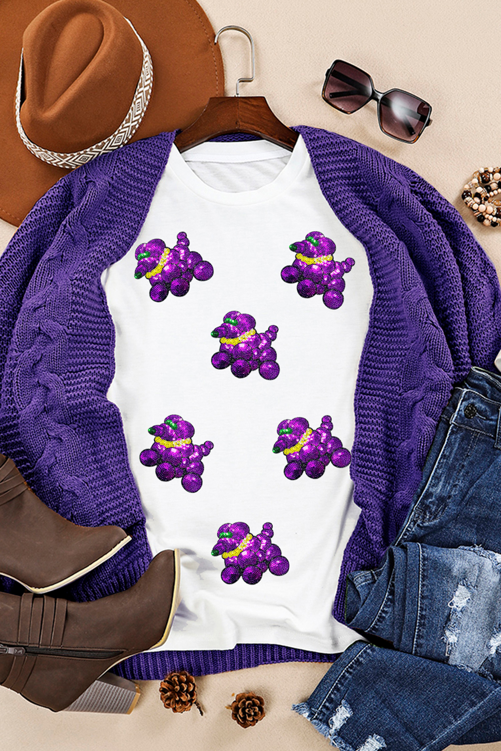 White Sequin Balloon Puppy Graphic Mardi Gras Tee - loveforevers