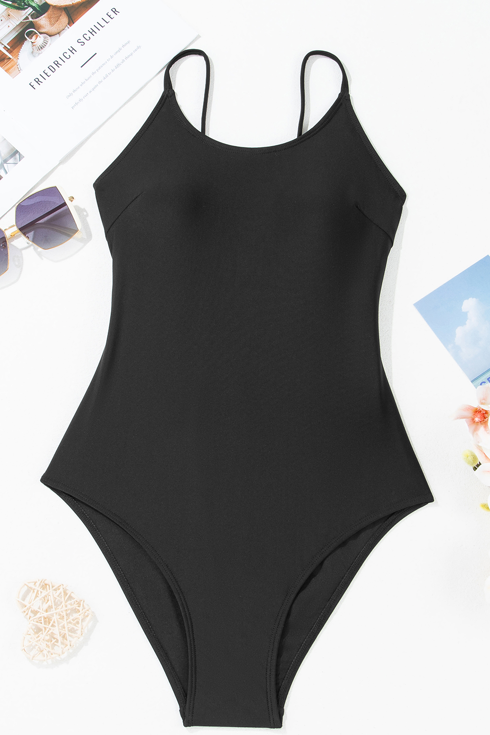 Dearlove Black Thin Strap Strappy Lace-up Open Back One Piece Swimsuit - loveforevers