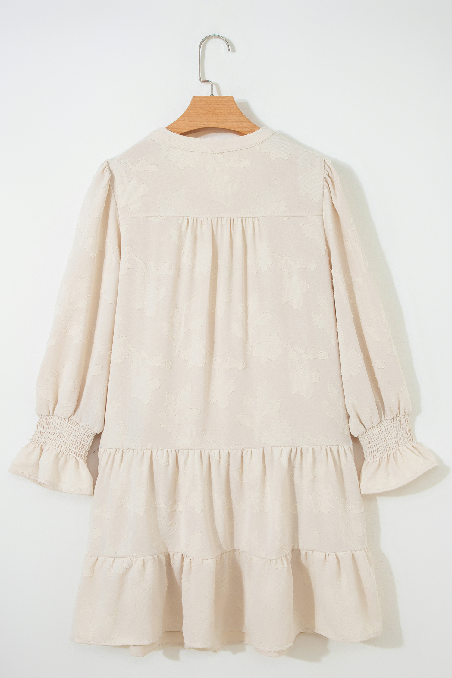 Parchment Long Sleeve Notched Neck Jacquard Tiered Mini Dress - loveforevers