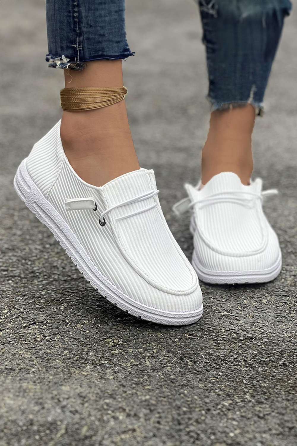 White Ribbed Lace-up Decor Slip On Shoes - loveforevers