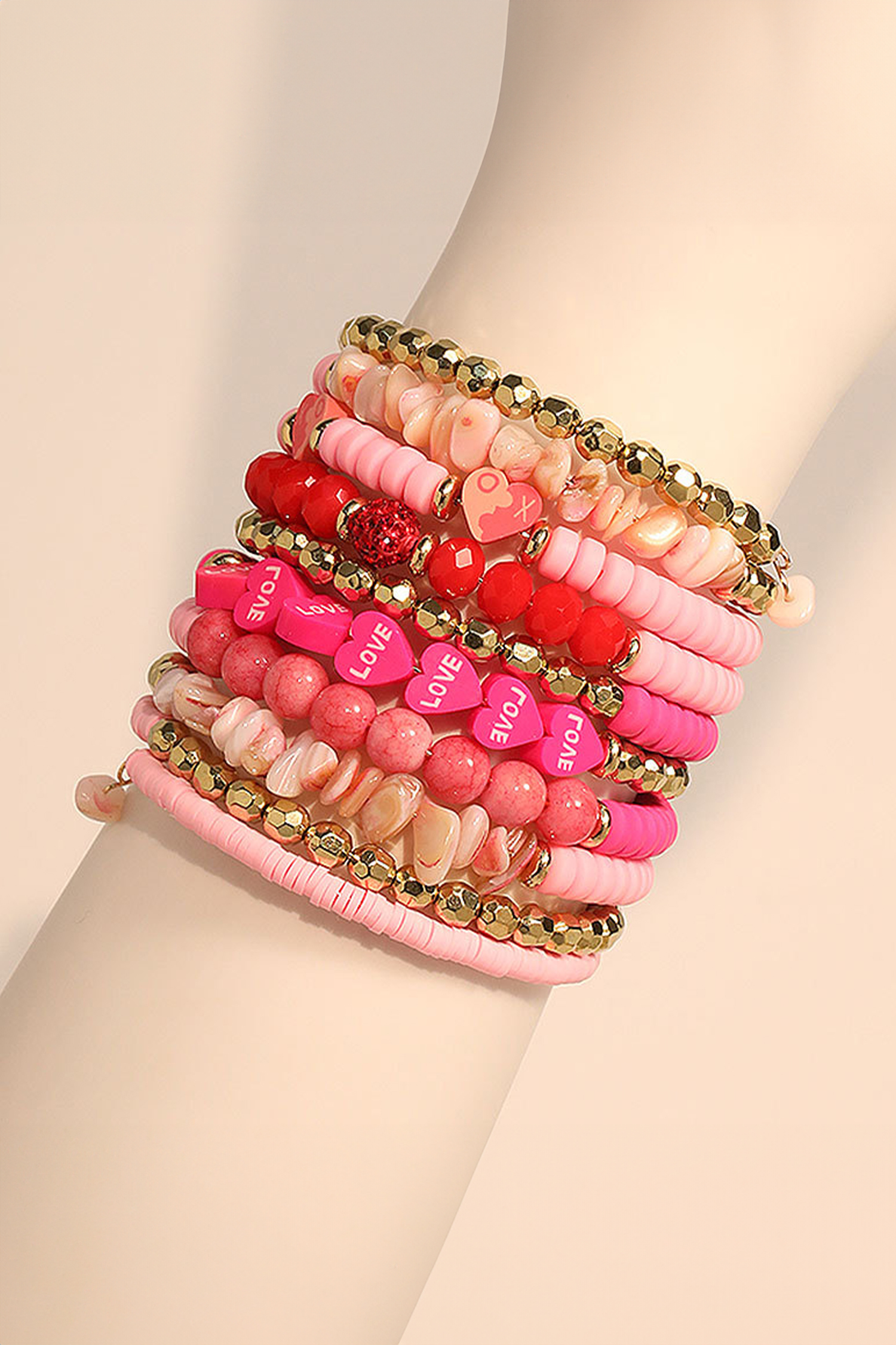 Rose Red 10pcs Polymer Clay Crystal Bead Valentines Heart Multilayer Bracelet Set - loveforevers