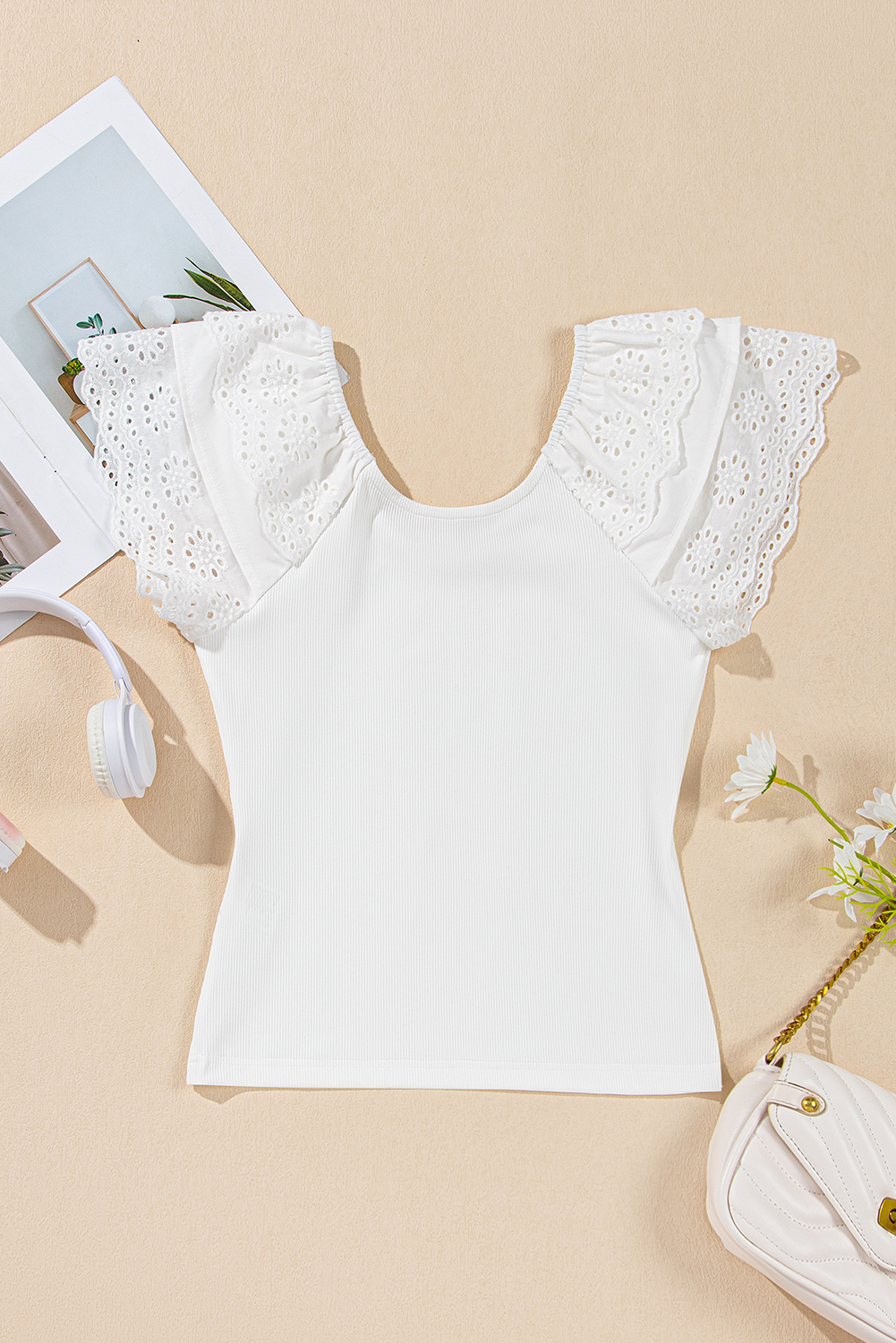 White Eyelet Ruffle Sleeve Slim Fitted Top - loveforevers