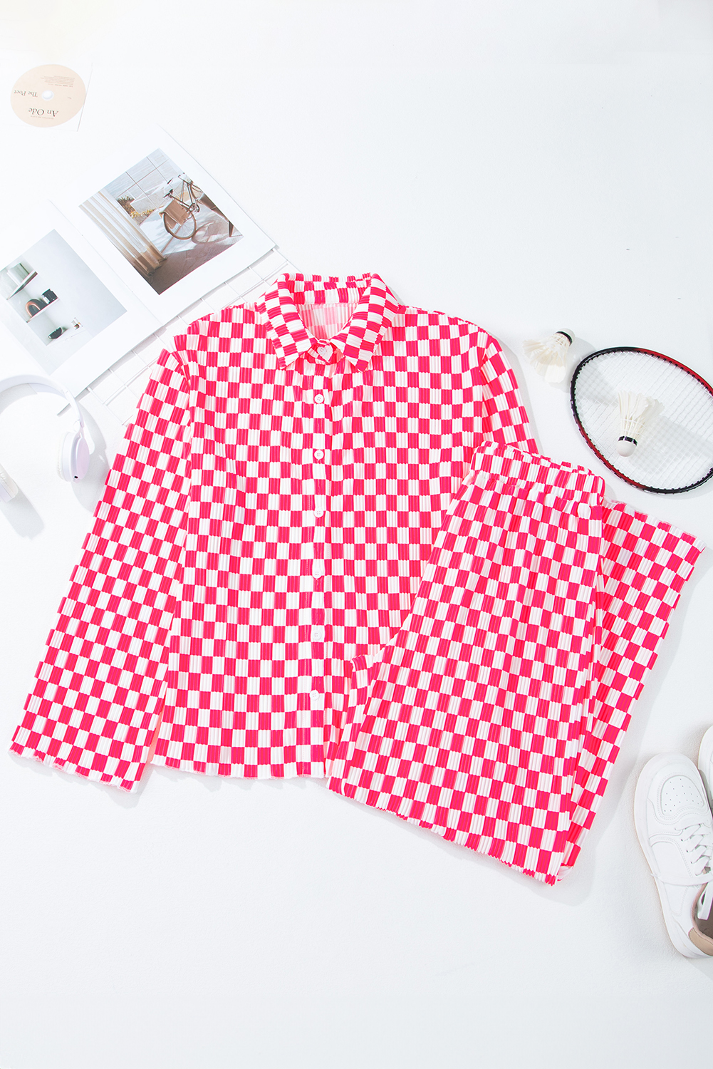 Pink Checkered Buttoned Shirt and High Waist Pants Pajama Set - loveforevers